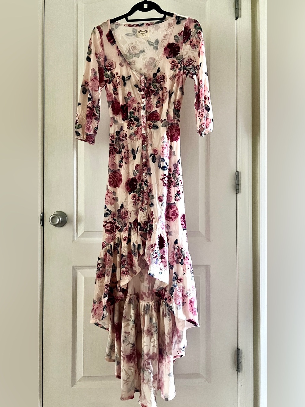 Floral Ruffle High-Low Maxi Dress - Blush Pink with velvet burnout floral detail